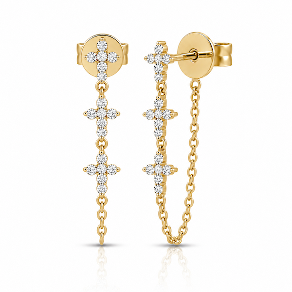 Holy Trinity diamond chain earrings A pair of yellow gold dangle earrings with three  diamond crosses — Waltz Diamonds