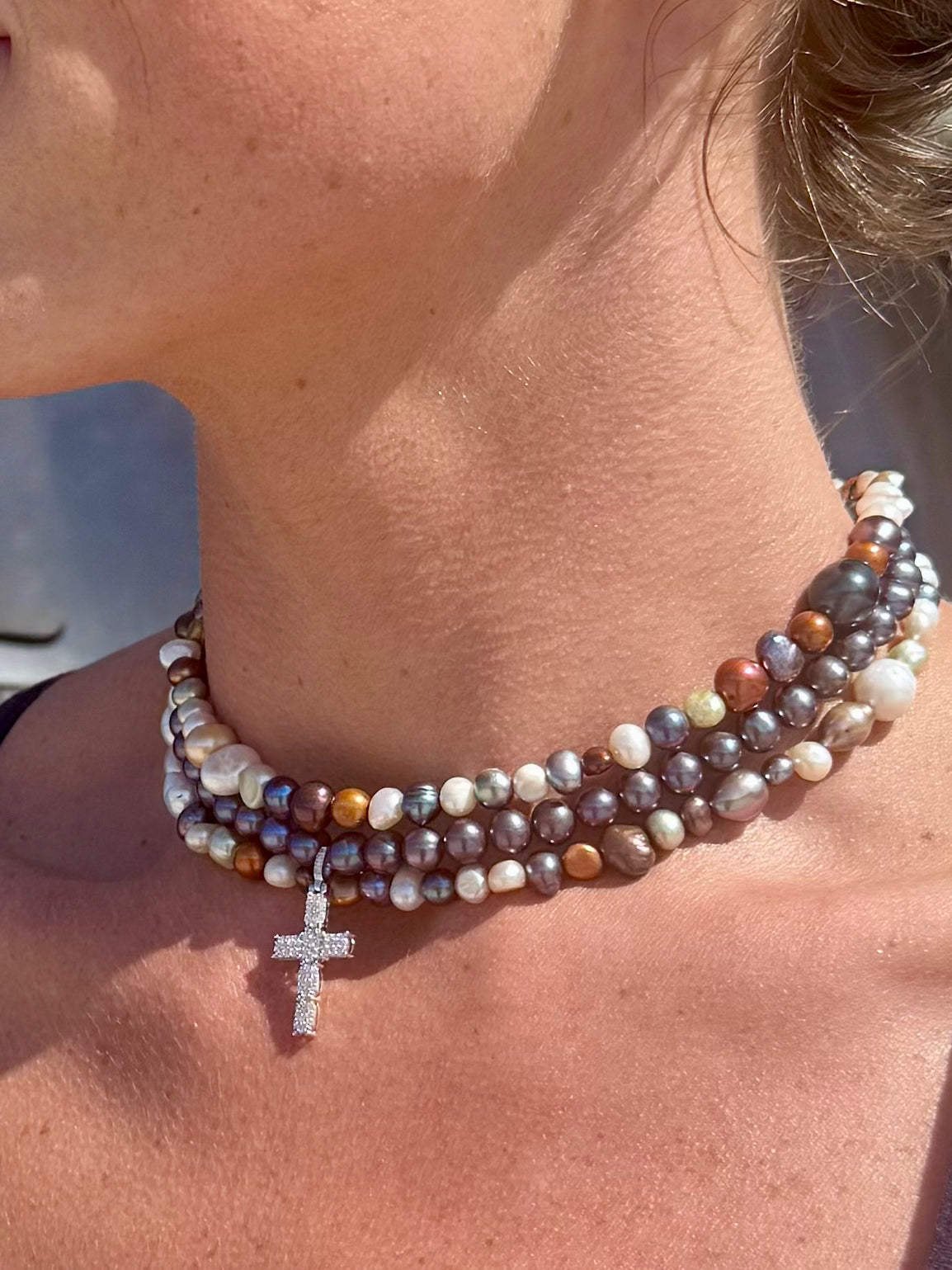 Holy Water choker in peacock with silver and diamond cross pendant paired with the multi-colored Fallen Halo Chokers— Waltz Diamonds