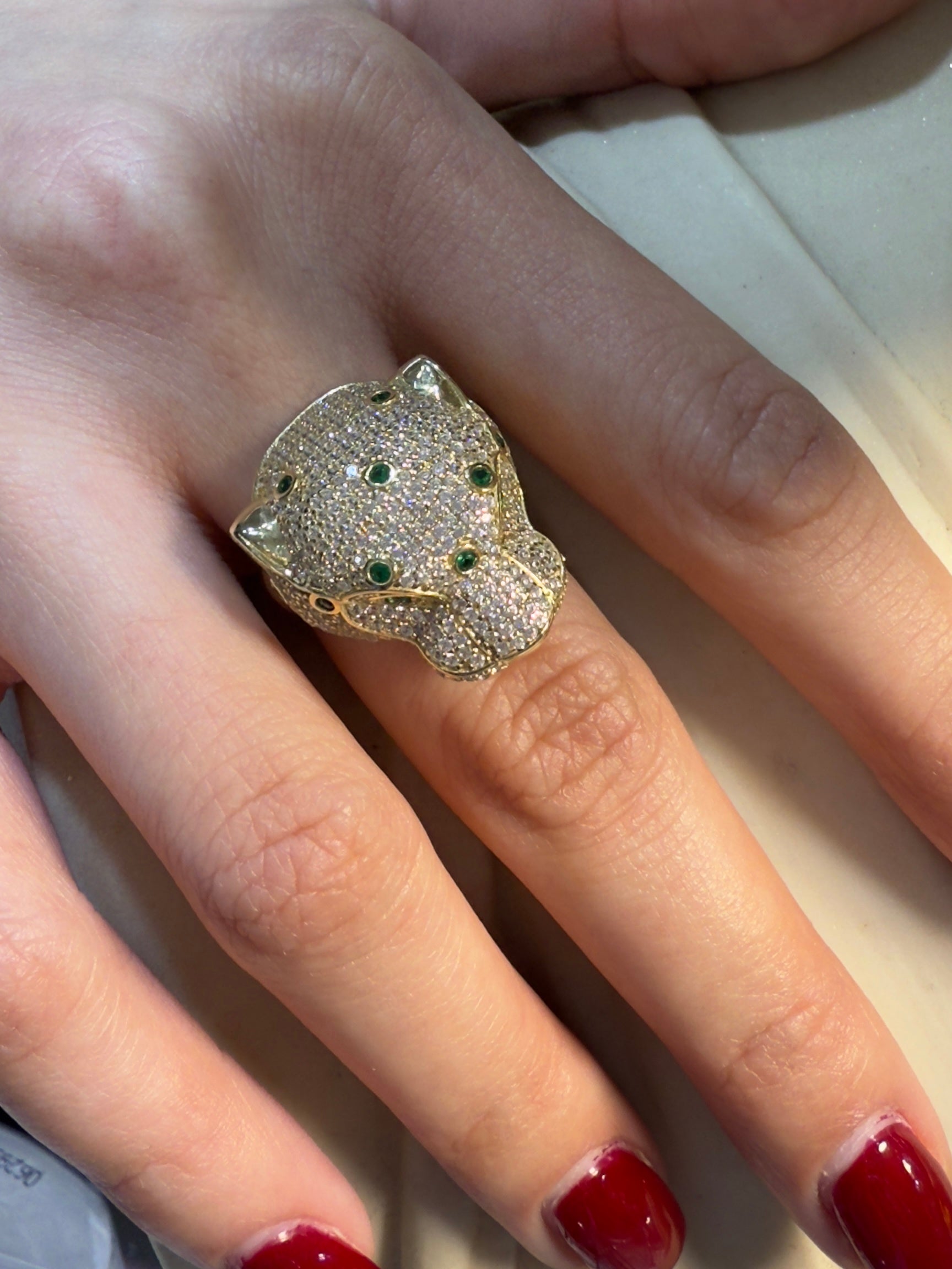 14k Diamond and Emerald Panther Head Ring