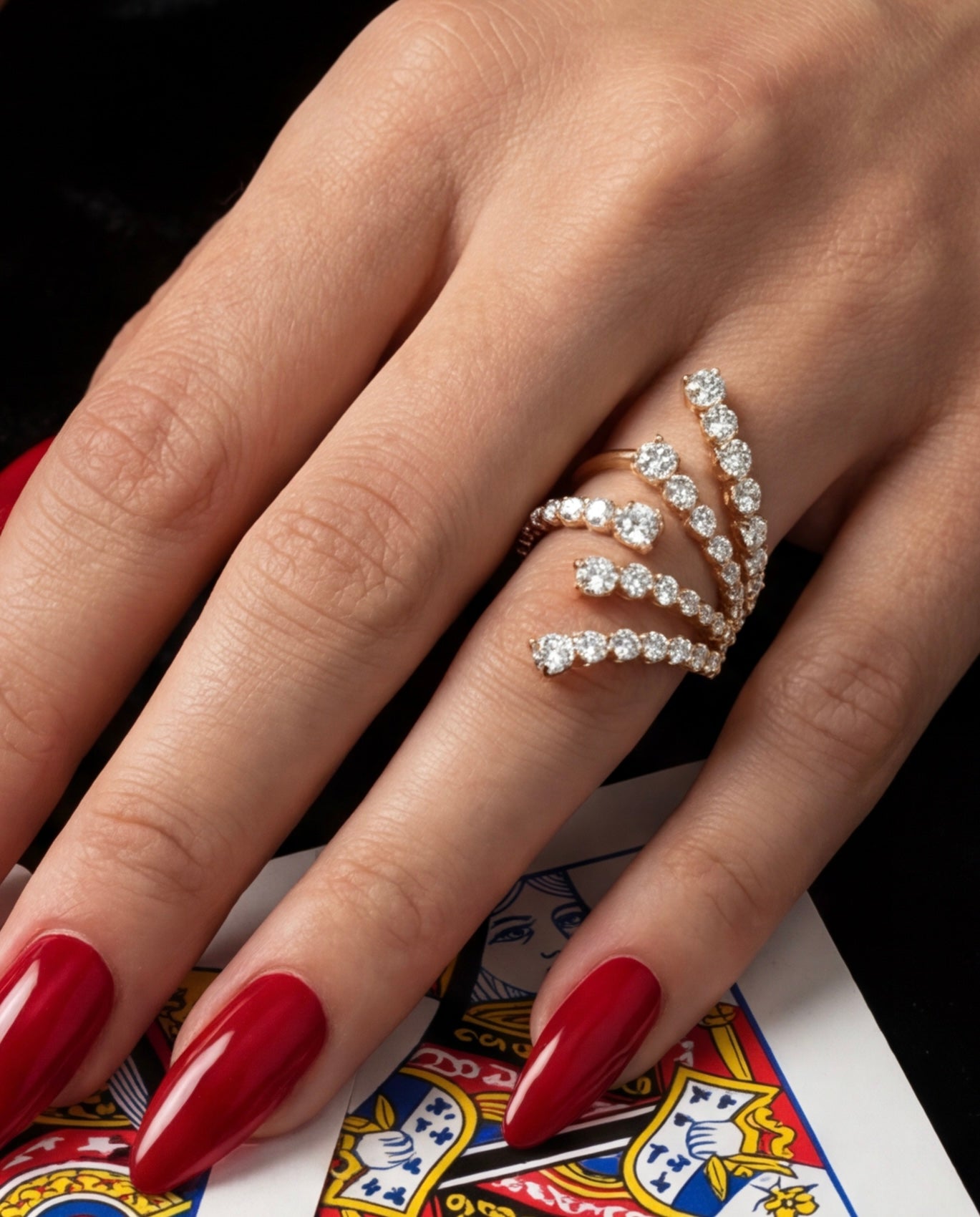 Close-up of the Rendezvous Ring worn on model—Waltz Diamonds