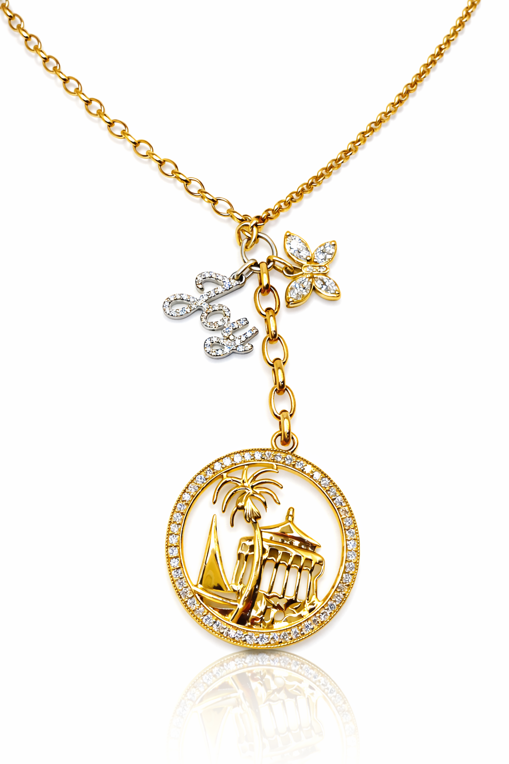 Legacy charm necklace of Catalina Island heirloom and name diamond Joy and butterfly necklace in yellow gold — Waltz Diamonds