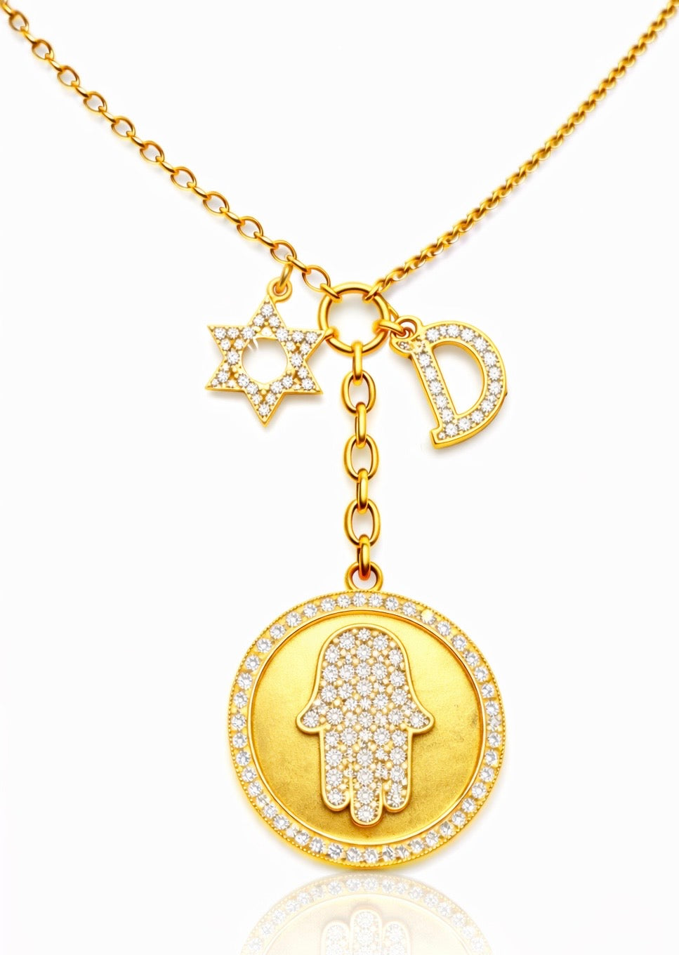 Legacy Charm Necklace featuring a pavé Hamsa coin and diamond Star of David and letter D — Waltz Diamonds