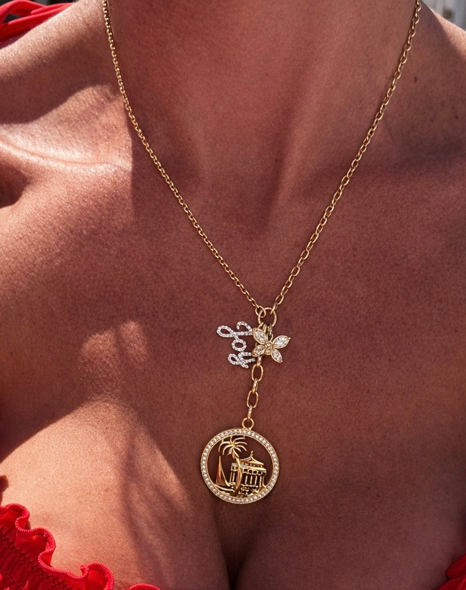 Legacy charm necklace of Catalina Island heirloom and name diamond Joy and butterfly necklace in yellow gold — Waltz Diamonds
