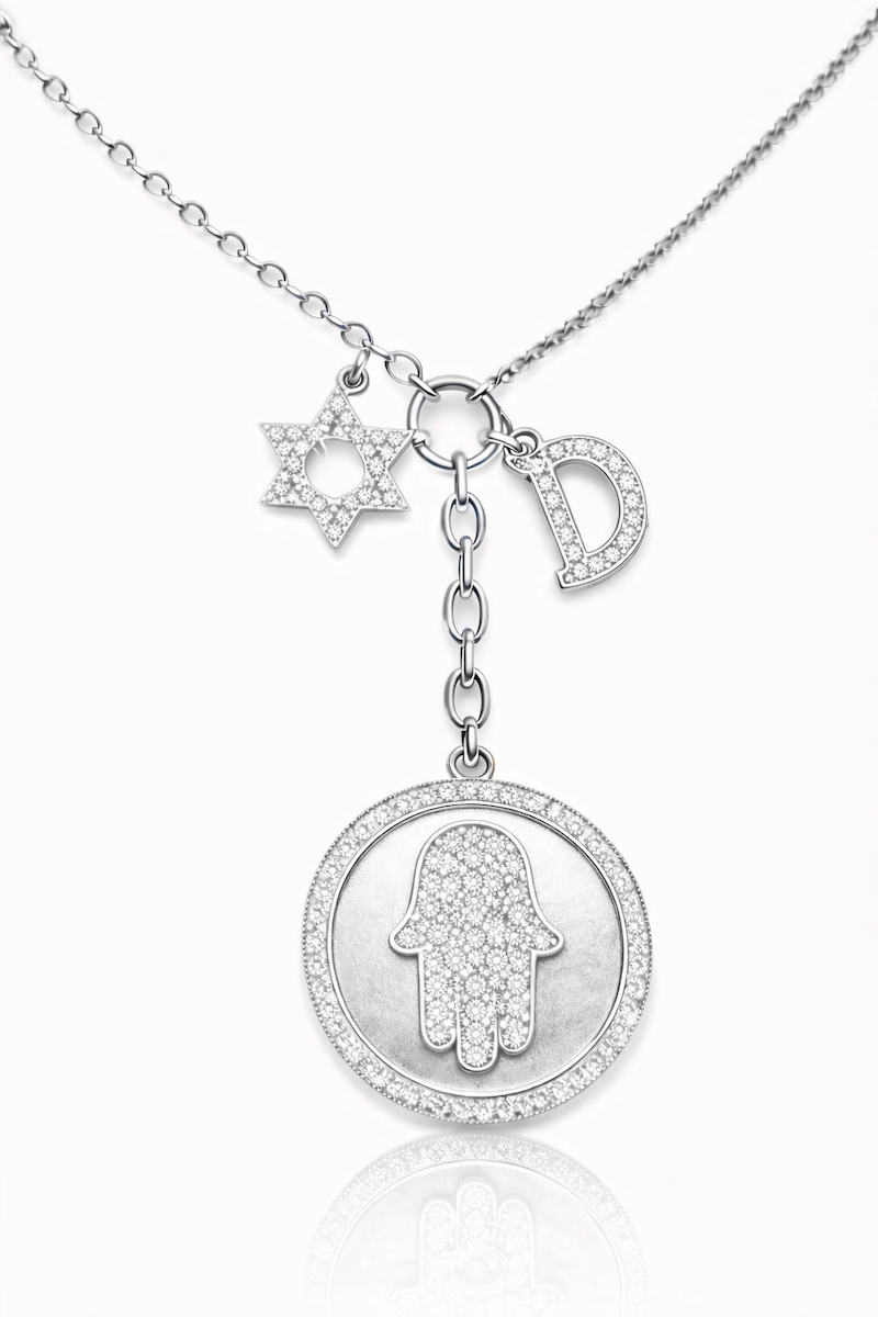Legacy Charm Necklace featuring a pavé Hamsa coin and diamond Star of David and letter D white gold— Waltz Diamonds