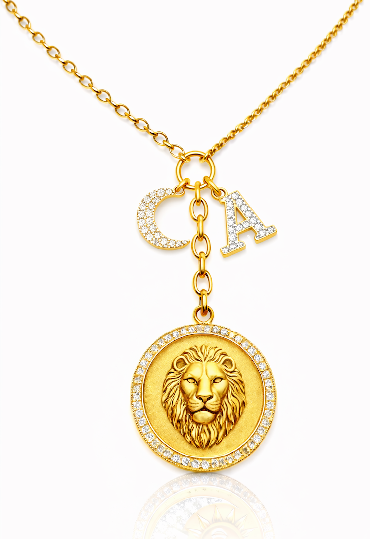 Legacy Charm Necklace featuring a lion head and pave diamond moon charm and letter A — Waltz Diamonds