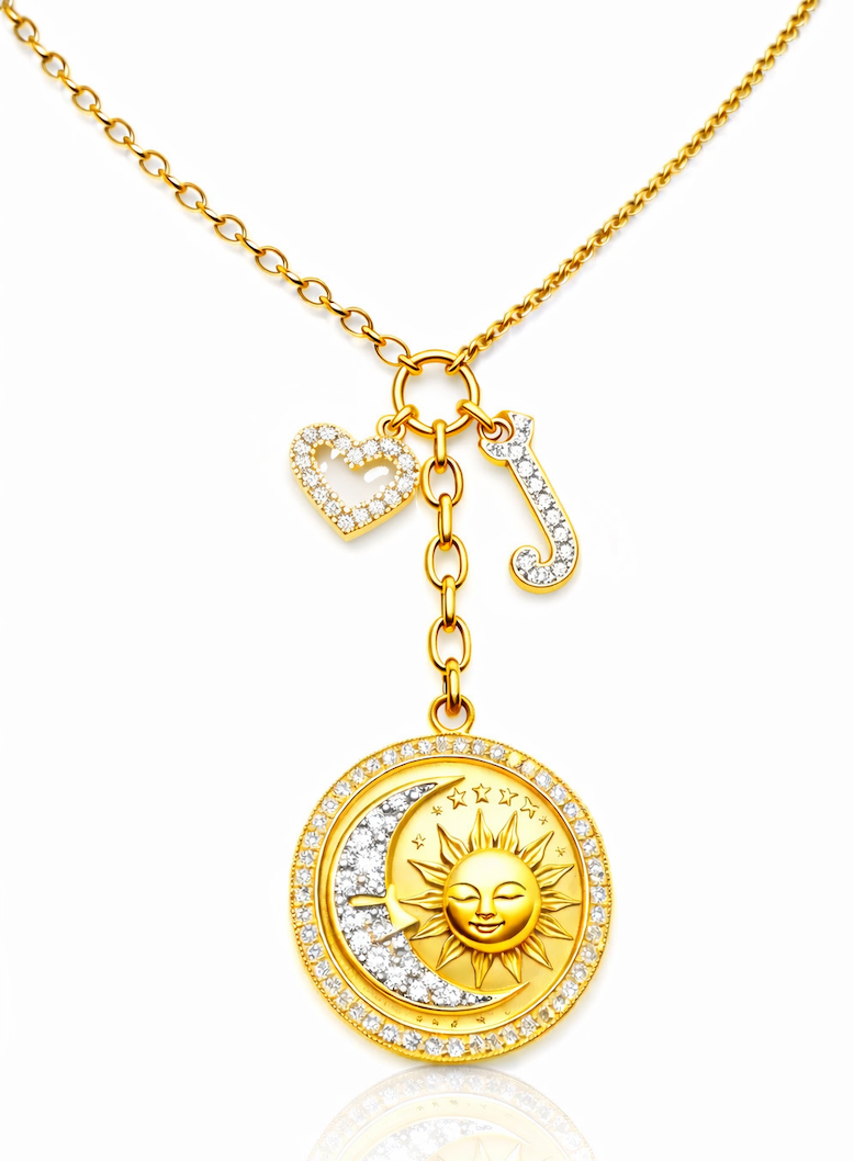 Legacy Charm Necklace featuring diamond sun and moon coin and a pavé heart and letter J charms — Waltz Diamonds