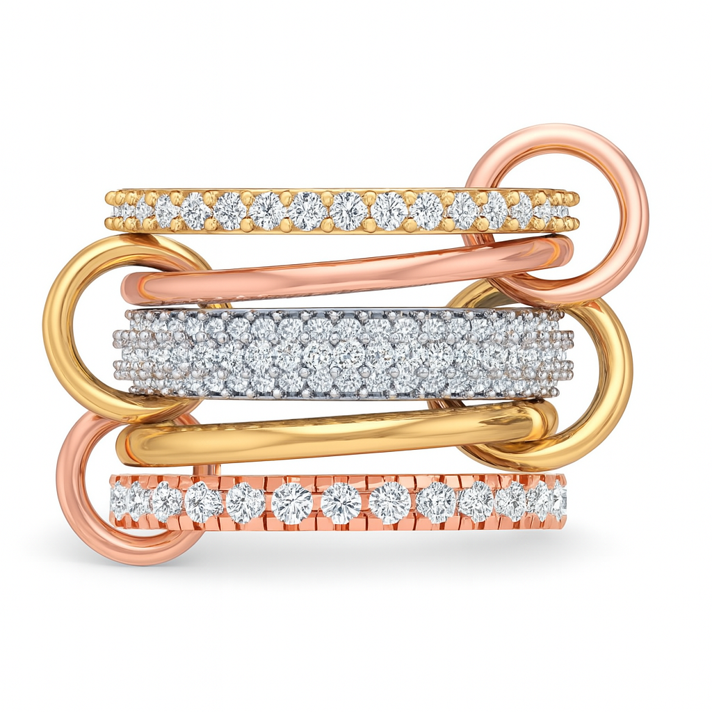 Locked and stocked ring featuring gold rings attaching three pave rings as one