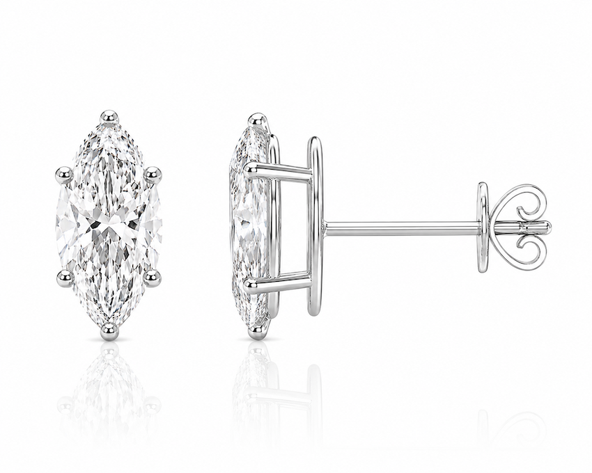 Marquise stud earrings in 14k white gold side view — Waltz Diamonds