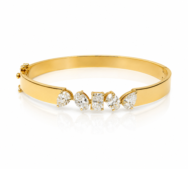 Mimi Bangle in 14k yellow gold with pear,oval,and radiant-cut diamonds — Waltz Diamonds
