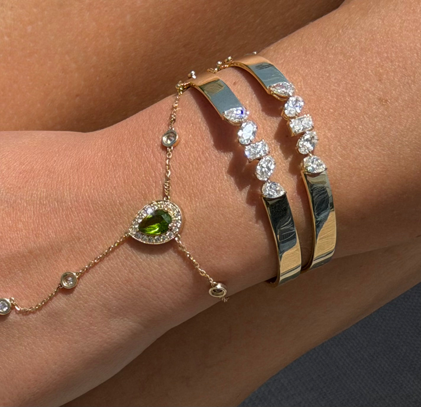 Mimi Bangle in 14k yellow gold with pear,oval,and radiant-cut diamonds — Waltz Diamonds