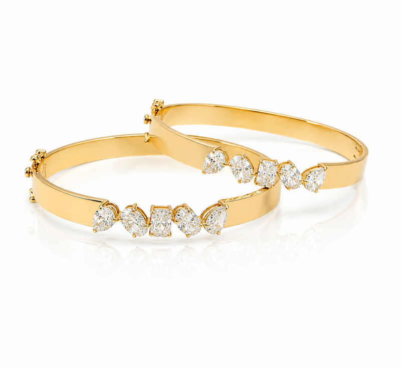 Mimi Bangle in 14k yellow gold with pear,oval,and radiant-cut diamonds — Waltz Diamonds