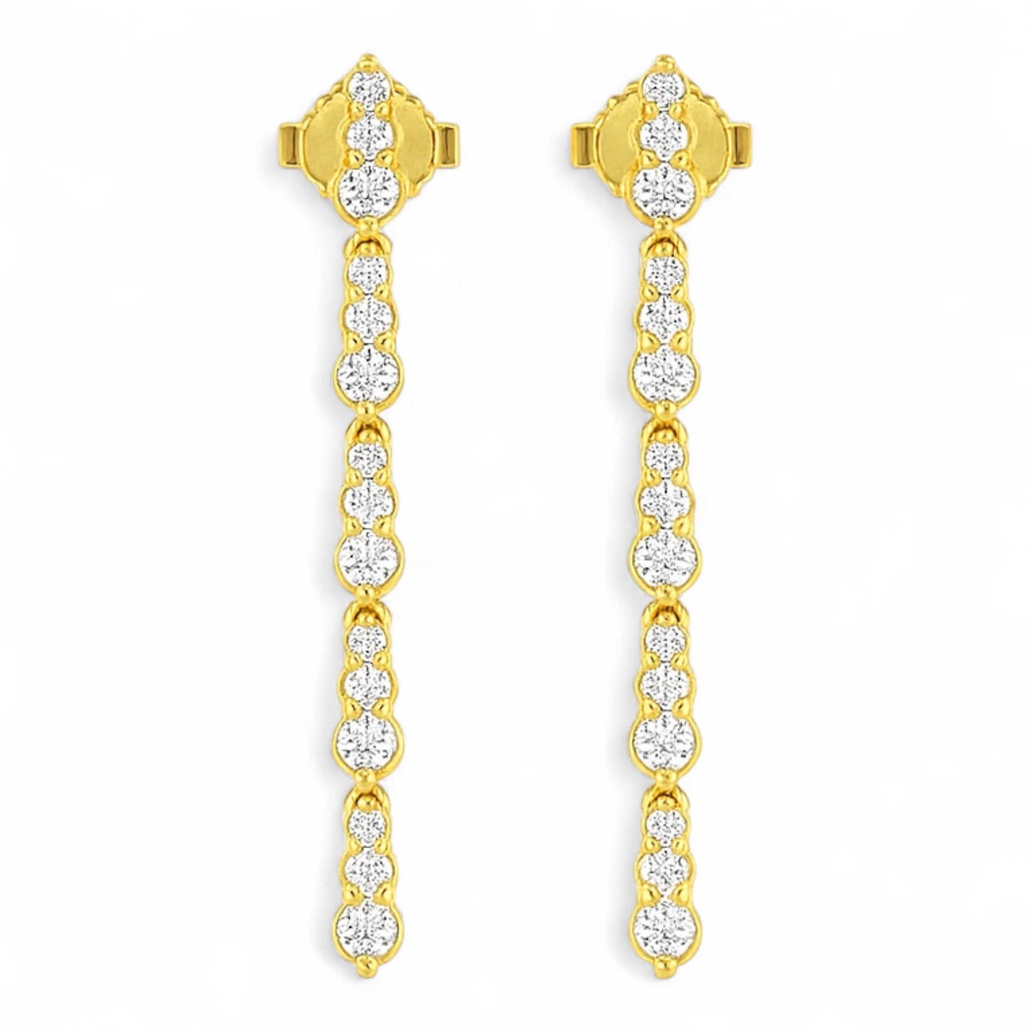 Minimalist diamond drop earrings in yellow gold with vertical row of 30 sustainable diamonds