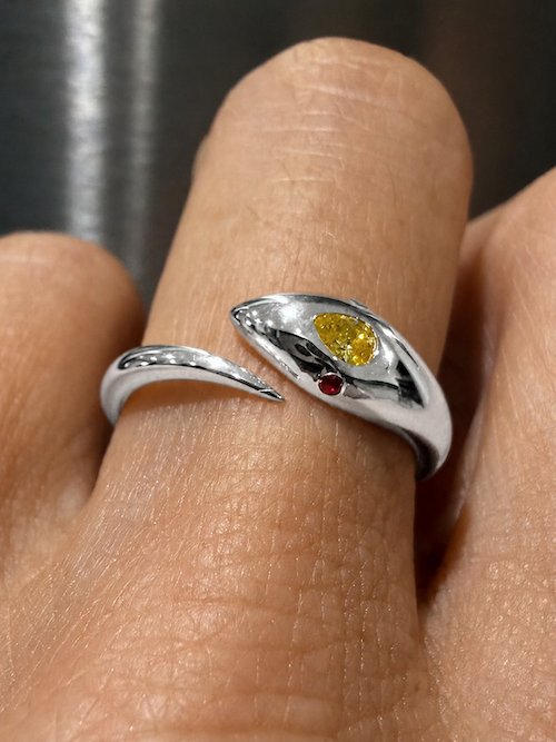 Naga Ring baby snake wrap ring with citrine head and ruby eyes white gold on finger — Waltz Diamonds