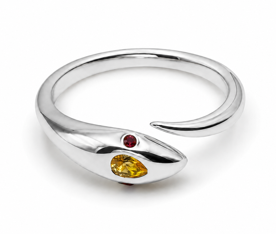 Naga Ring baby snake wrap ring with citrine head and ruby eyes white gold — Waltz Diamonds