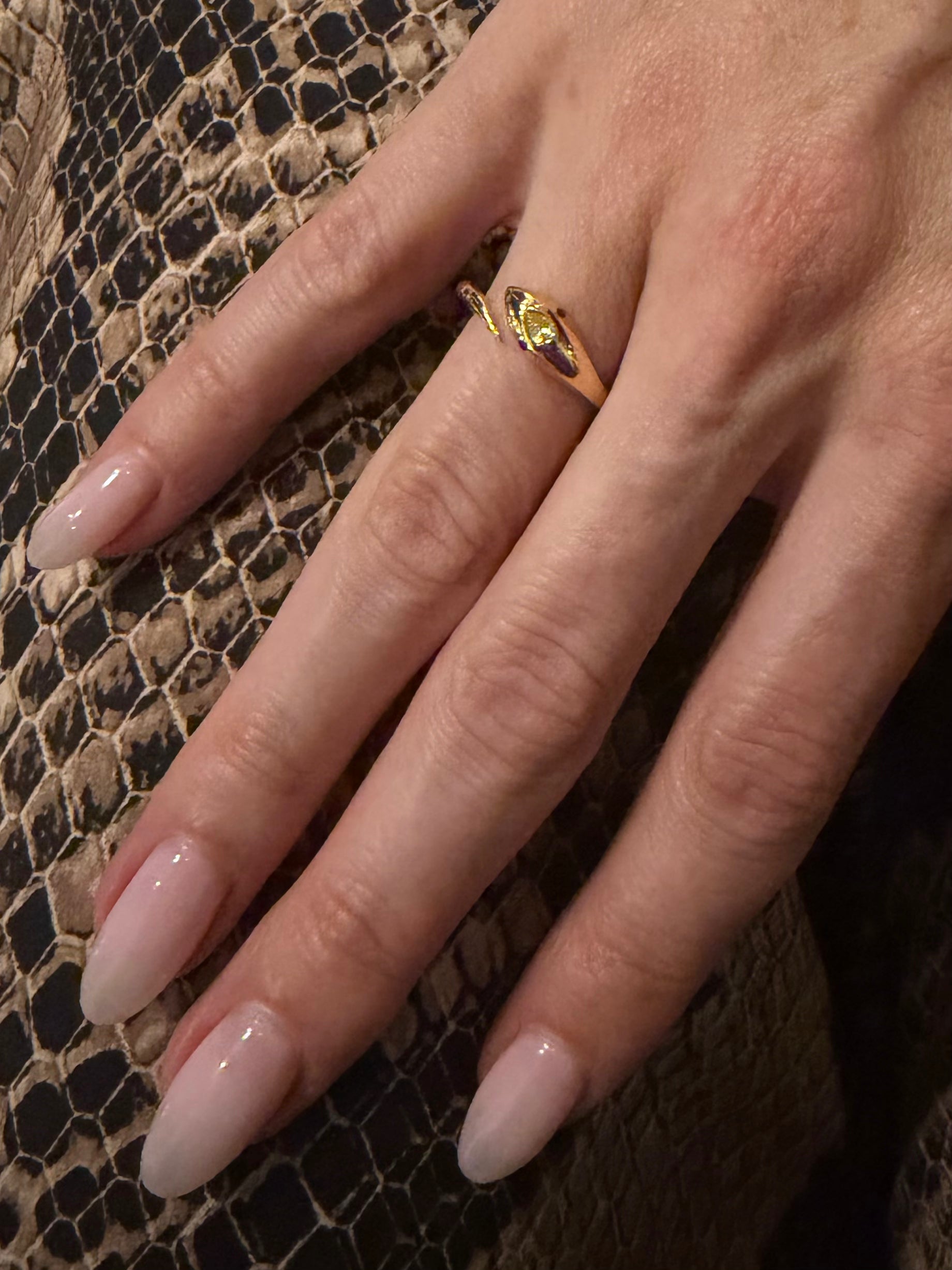 Naga Ring baby snake wrap ring with citrine head and ruby eyes yellow gold on hand — Waltz Diamonds