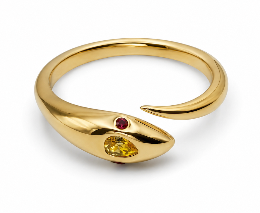 Naga Ring baby snake wrap ring with citrine head and ruby eyes yellow gold — Waltz Diamonds