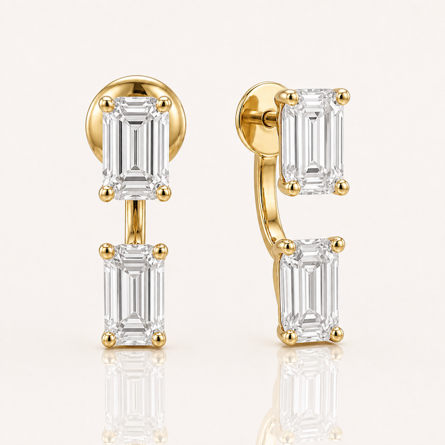 Orbit diamond earring jackets in emerald cut and yellow gold —  Waltz Diamonds