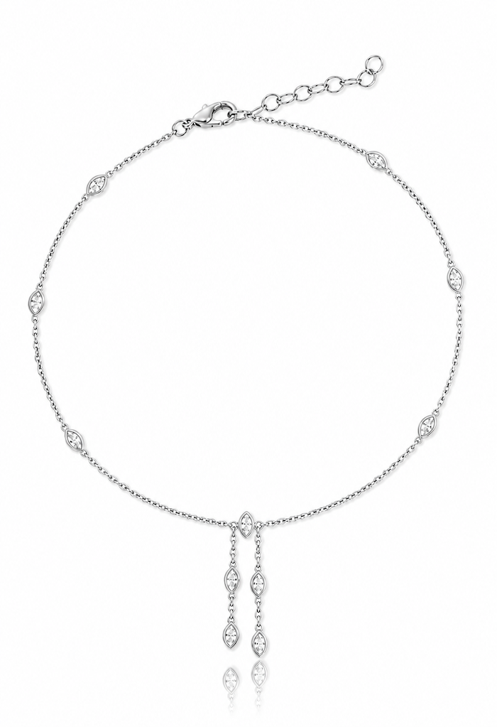 Oria Marquise Anklet with 11 marquise bezel-set diamonds and 2 drop accents in white gold — Waltz Diamonds