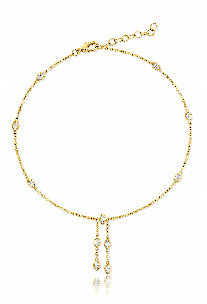 Oria Marquise Anklet with 11 marquise bezel-set diamonds and 2 drop accents in yellow gold — Waltz Diamonds