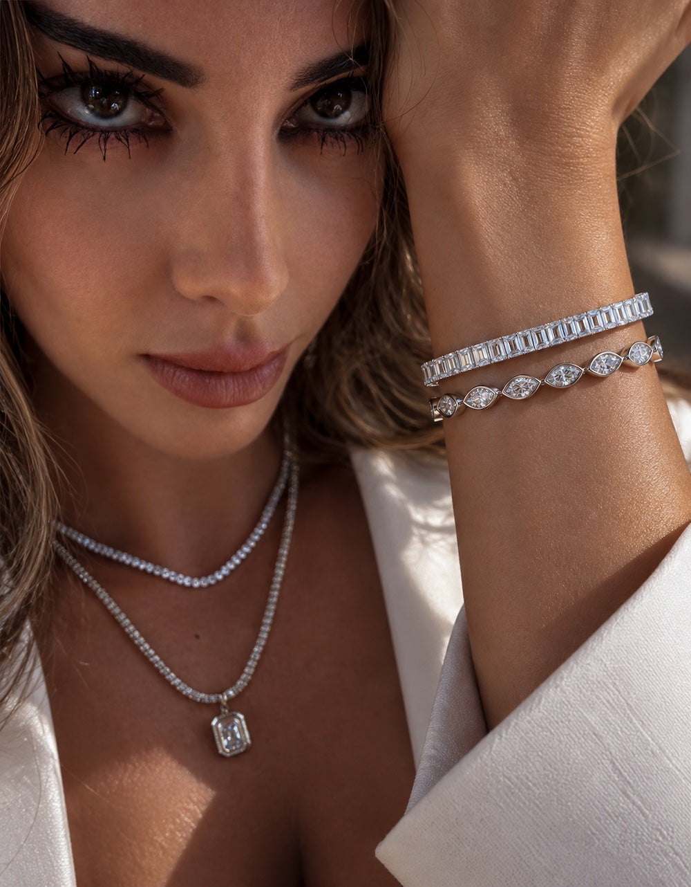 Oria marquise cut diamond east west bezel set bracelet in white gold on model with other Waltz jewelry — Waltz Diamonds