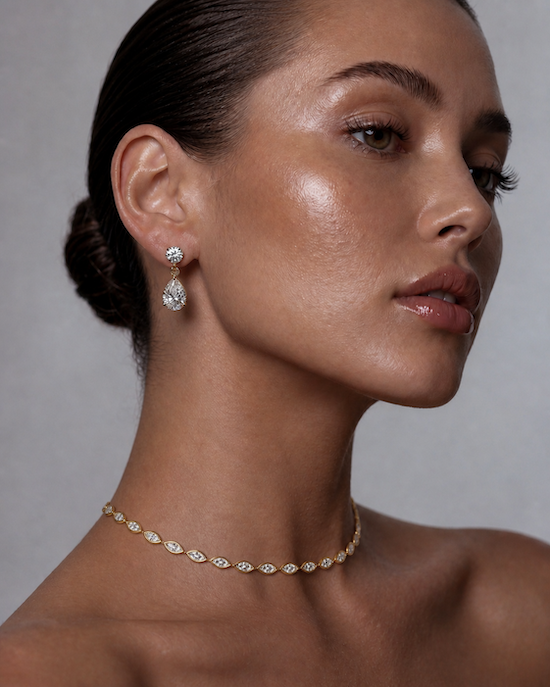 Oria Marquise Choker with 14 bezel-set marquise cut diamonds yellow gold on model — Waltz Diamonds
