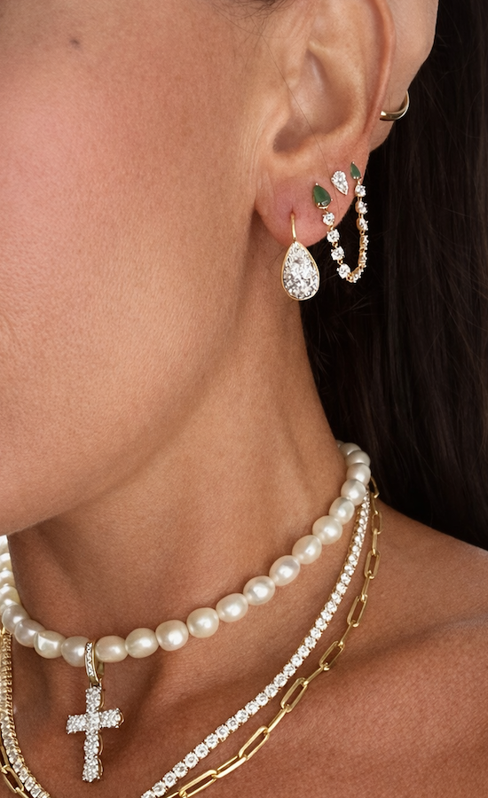 Pear Cut diamond Drop Hoops in yellow gold 6 Carat Total  on ear stack — Waltz Diamonds