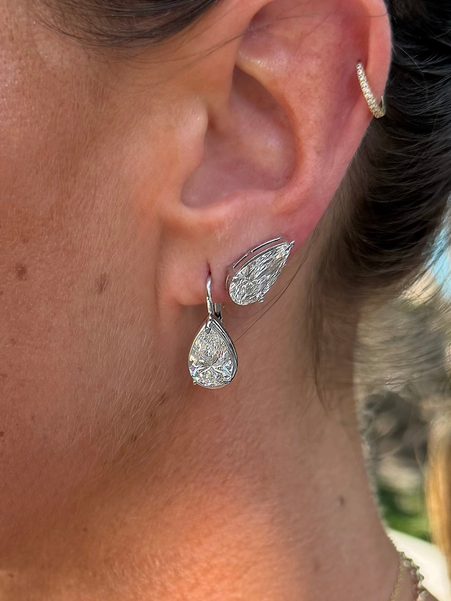 Pear Cut diamond Drop Hoops in white gold 2 carat on ear stack with 2 carat pear stud— Waltz Diamonds