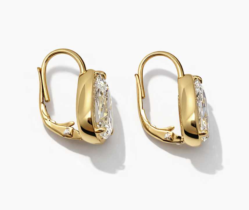 Pear Cut diamond drop hoops side view in yellow gold — Waltz Diamonds