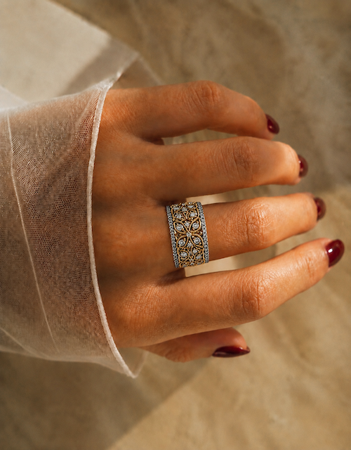 Planting seeds ring diamond and gold flower motif design — Waltz Diamonds