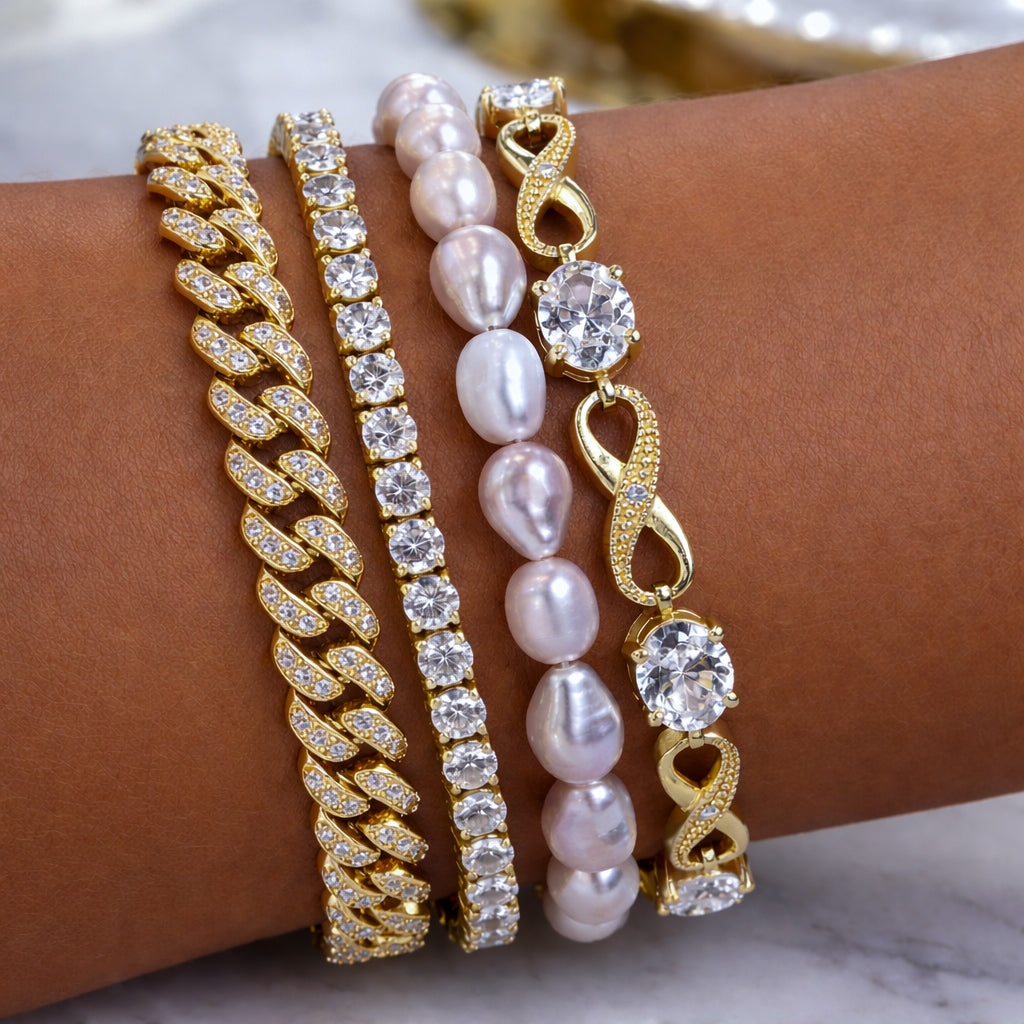 Prosperity pearl, abundance, El Jefe, spoil me with sparkles tennis bracelet stacked on wrist — Waltz Diamonds