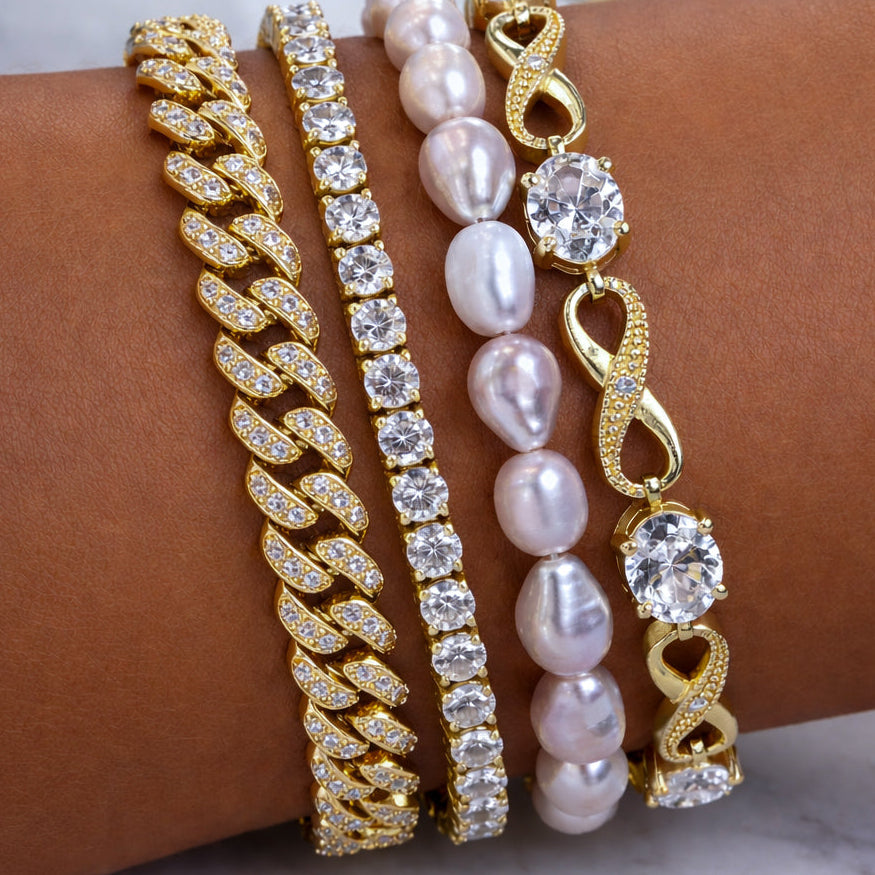 Prosperity pearl, abundance, El Jefe, spoil me with sparkles tennis bracelet stacked on wrist — Waltz Diamonds