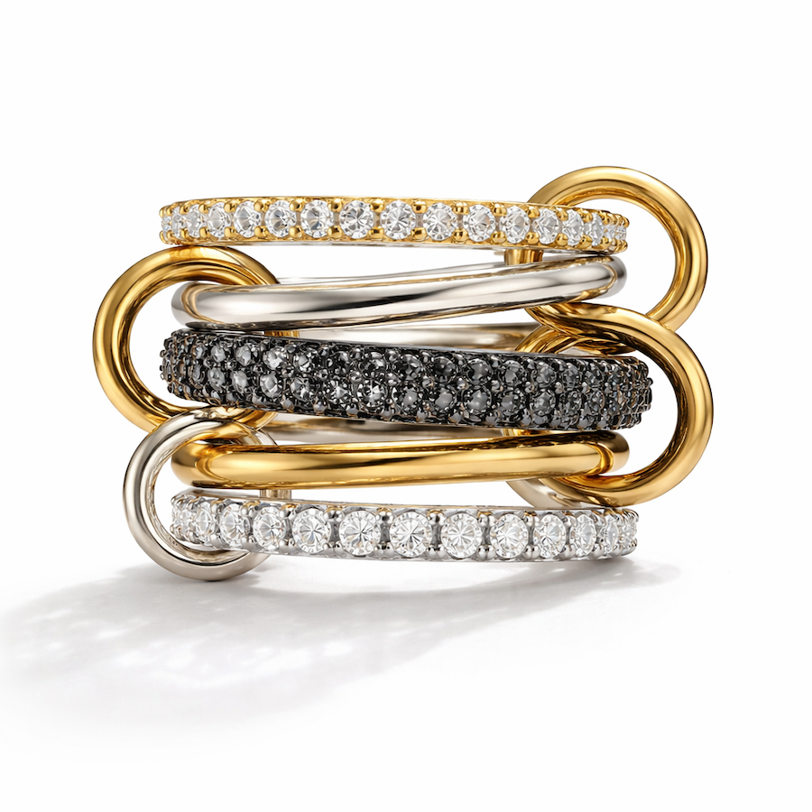 Quintet Ring five bands connected with small rings with mixed metals and diamonds - Waltz Diamonds