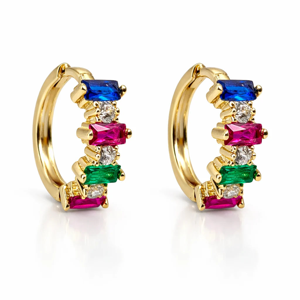 Rainbow gemhuggies in yellow gold featring blue and pink lab sapphire and green and white diamonds — Waltz Diamonds