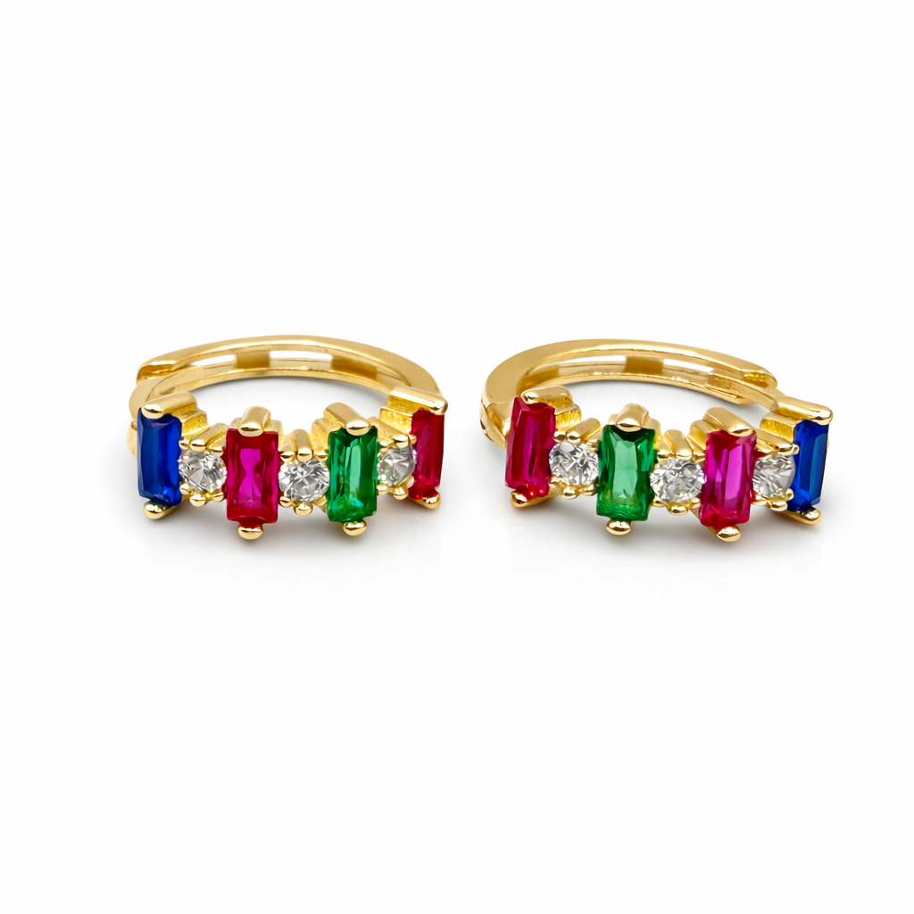 Rainbow gem huggies in yellow gold and multi-colored lab gems earrings — Waltz Diamonds