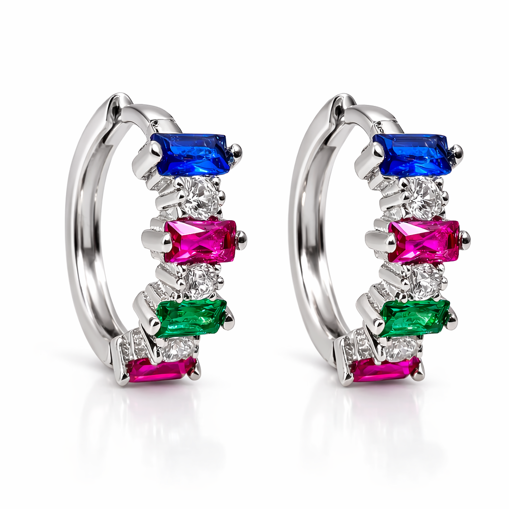 Rainbow gem huggies in white gold and multi-colored lab gems earrings — Waltz Diamonds