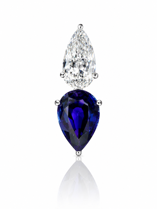 Raindrop Duo Stud elongated pear cut diamond and sapphire earring white gold — Waltz Diamonds