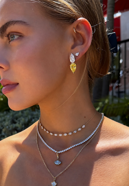 Raindrop Duo Stud elongated pear cut diamond and yellow diamond pear earring white gold worn and styled with several Waltz pieces— Waltz Diamonds