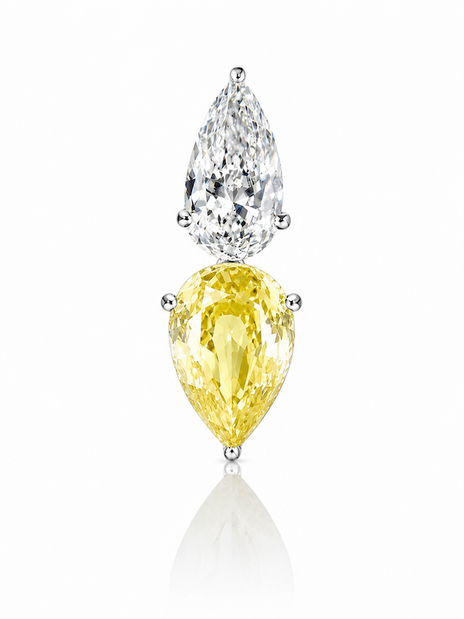 Raindrop Duo Stud elongated pear cut diamond and yellow diamond earring white gold — Waltz Diamonds