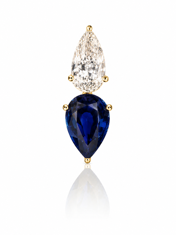 Raindrop Duo Stud elongated pear cut diamond and sapphire earring yellow gold — Waltz Diamonds