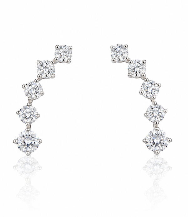 Round social climbers with five diamonds that curve perfectly up the ears in white gold — Waltz Diamonds