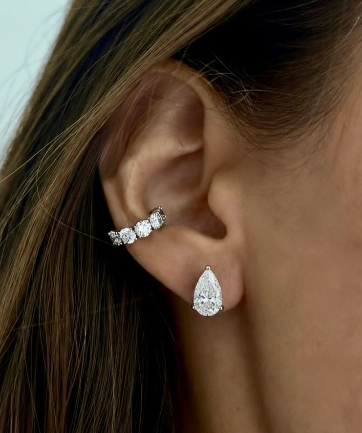 Seven sins diamond ear cuff with 7 round diamonds and 14k white gold on model — Waltz Diamonds