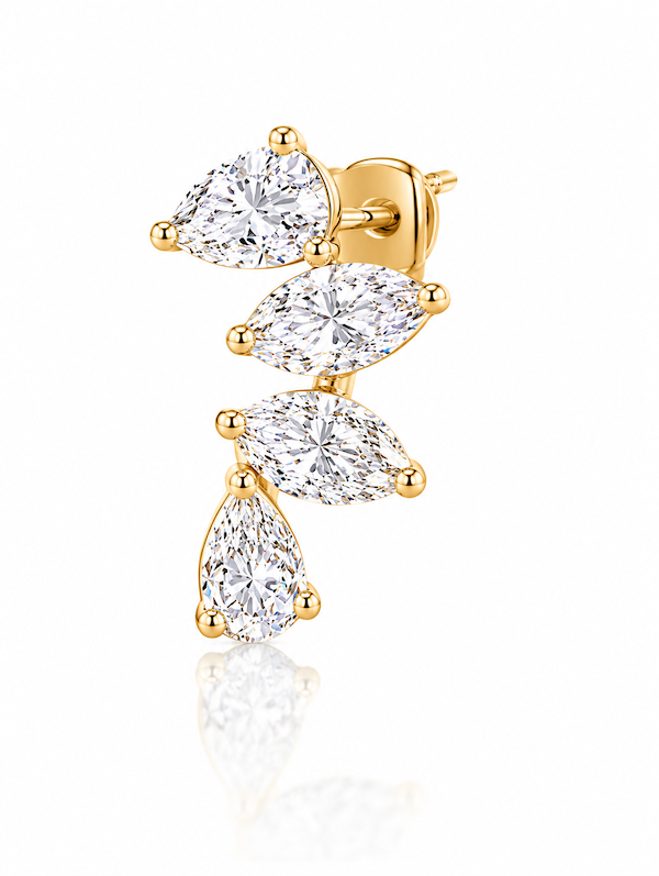 Side Piece climber stud featuring two pear cut and two marquise cut diamonds to climb up the ear  yellow gold— Waltz Diamonds