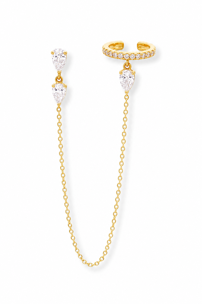 Side Piece triple pear cuff in yellow gold featuring 3 diamond pears attached to an ear cuff — Waltz Diamonds