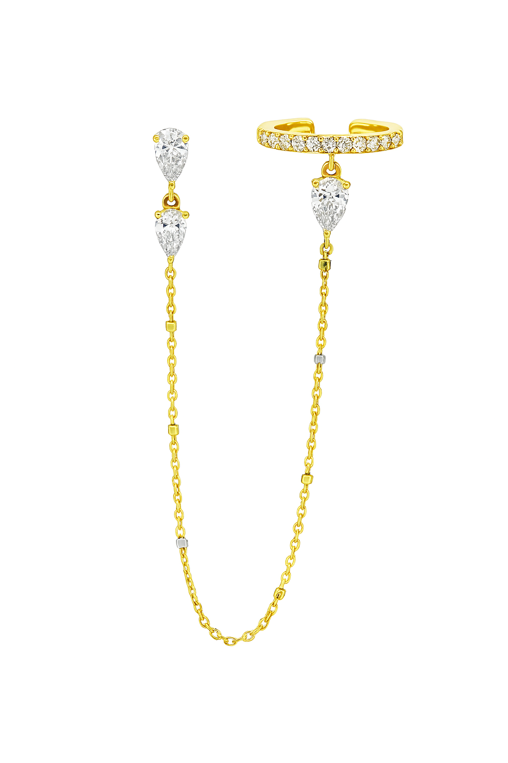Side Piece Triple Pear Cuff earring in yellow gold with three pear-shaped diamonds and chain front view