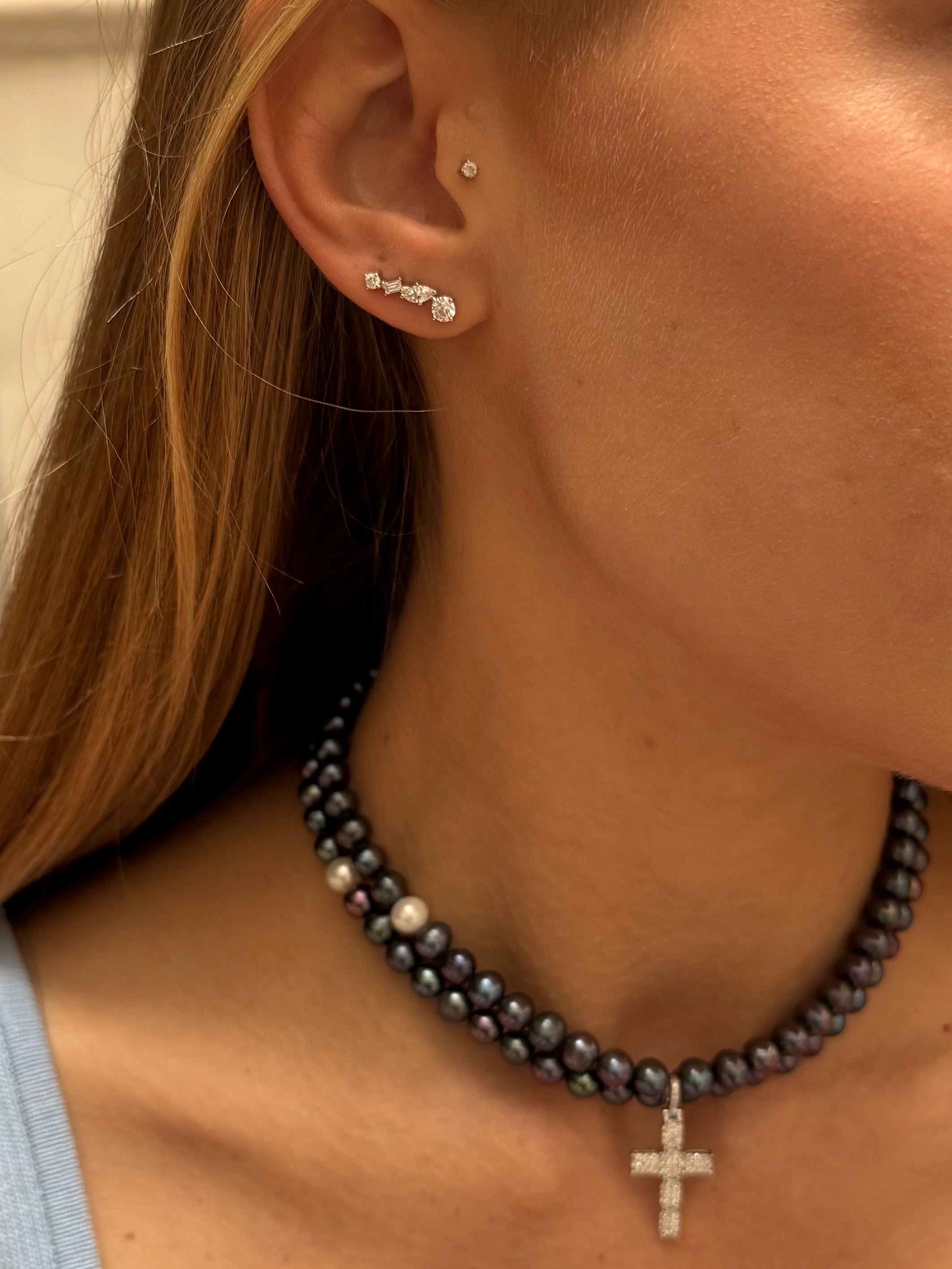 Social Climbers multi-shaped earring on model paired with Holy Water pearl choker—Waltz Diamonds