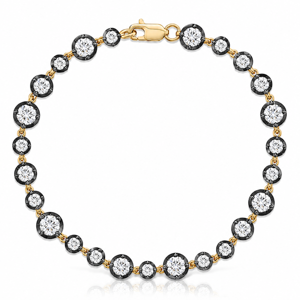Sovereign Diamond Link Bracelet with round diamonds in varying sizes, rustic black rhodium settings, yellow gold links  – Waltz Diamonds