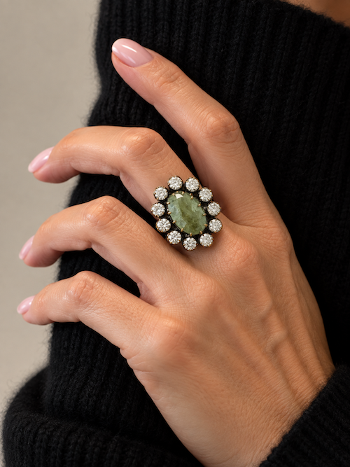 SOVEREIGN Statement Ring with green cabochon and lab diamond Georgian-inspired bezel cluster on hand — Waltz Diamonds