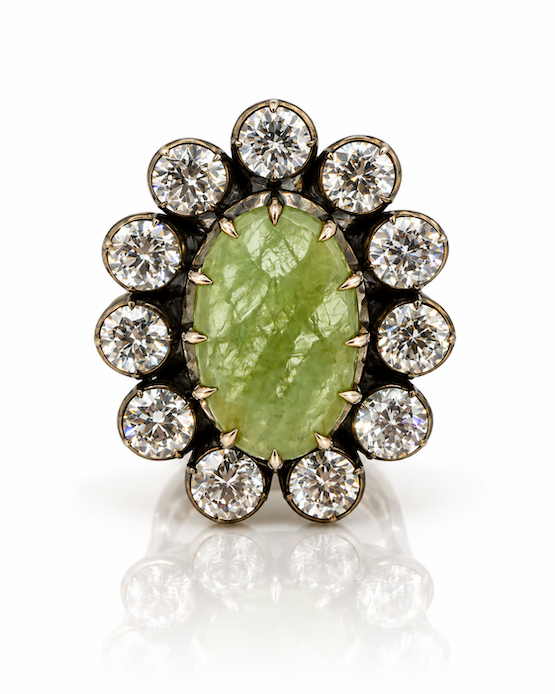 SOVEREIGN Statement Ring with green cabochon and lab diamond Georgian-inspired bezel cluster — Waltz Diamonds