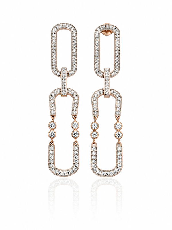 Swing Link Diamond statement earrings featuring two long pave links and bezel set diamonds in rose gold — Waltz Diamonds