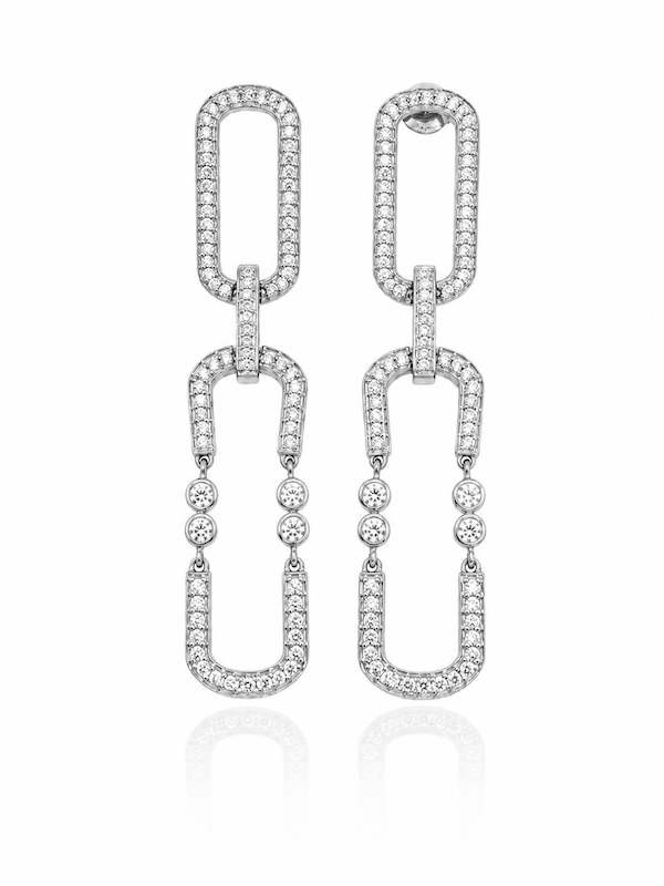 Swing Link Diamond statement earrings featuring two long pave links and bezel set diamonds in white gold — Waltz Diamonds